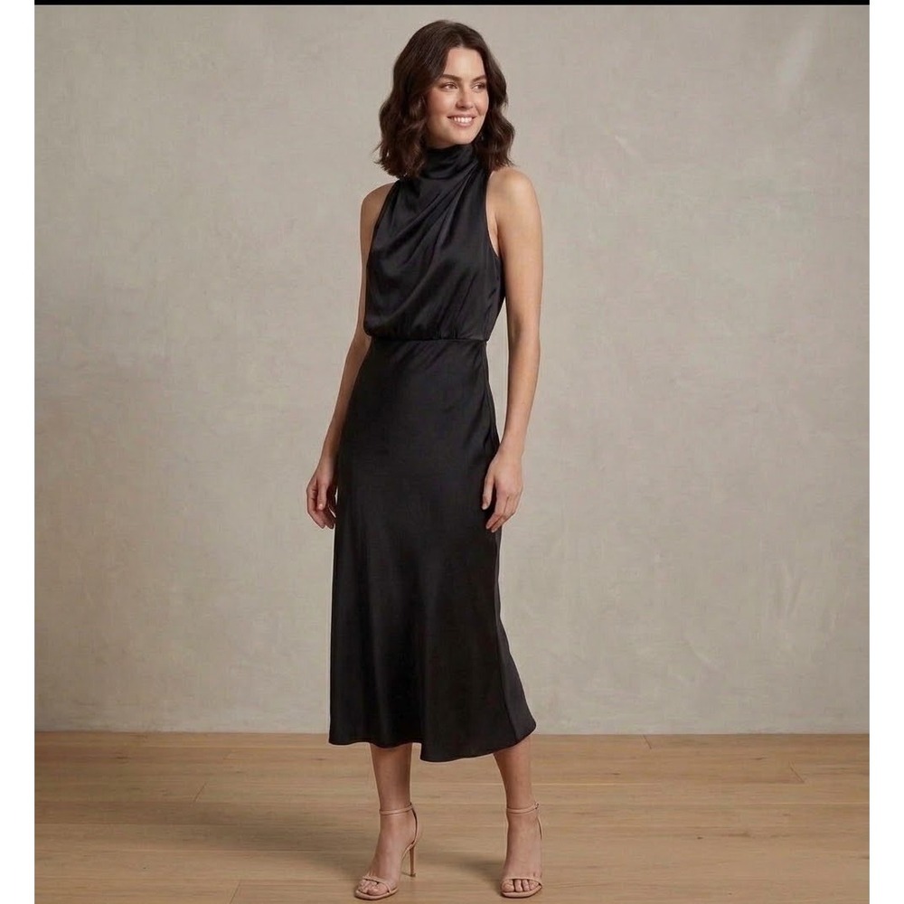 Petal & Pup Minimalist Black Annabelle Satin Mock Neck Sleeveless Midi Dress S